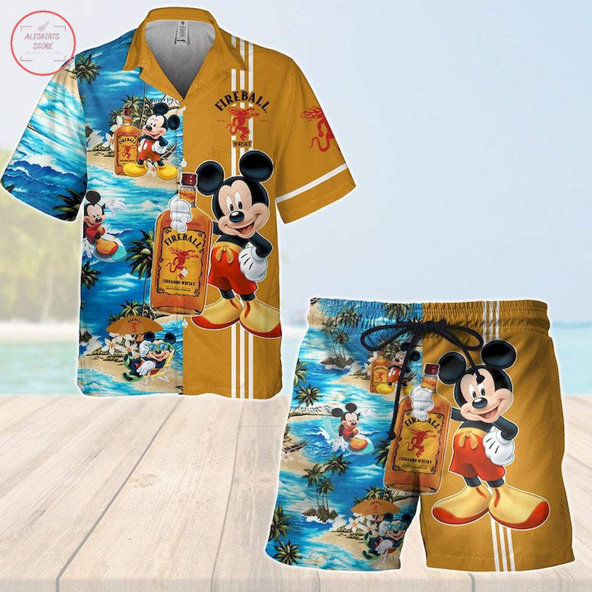 Fireball Whisky Mickey Hawaiian Shirt and Shorts