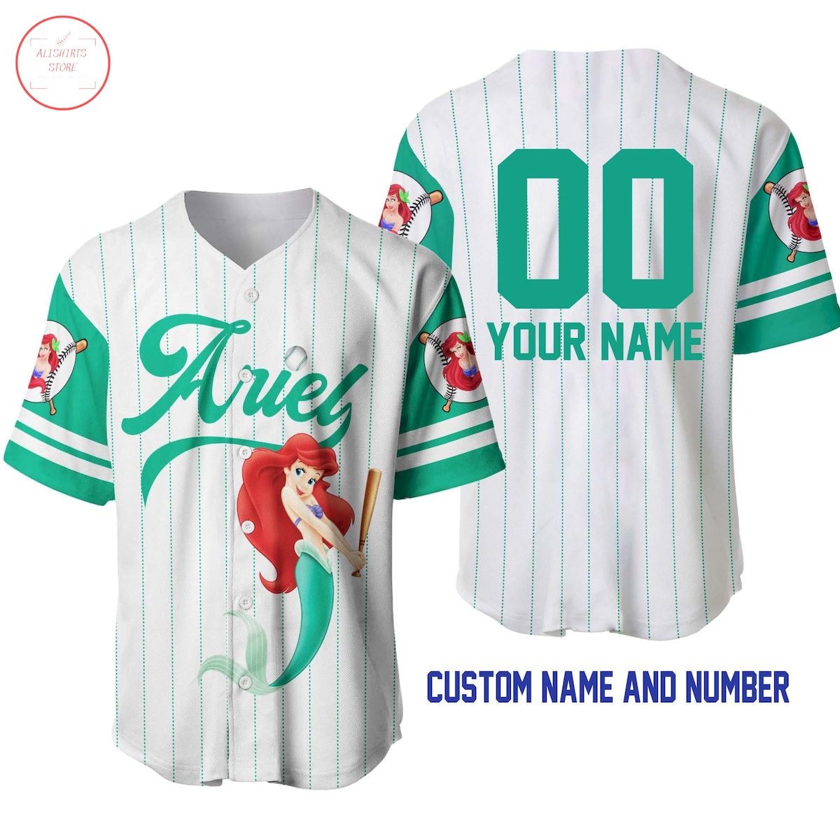Ariel Princess White Mint Green Disney Custom Baseball Jersey