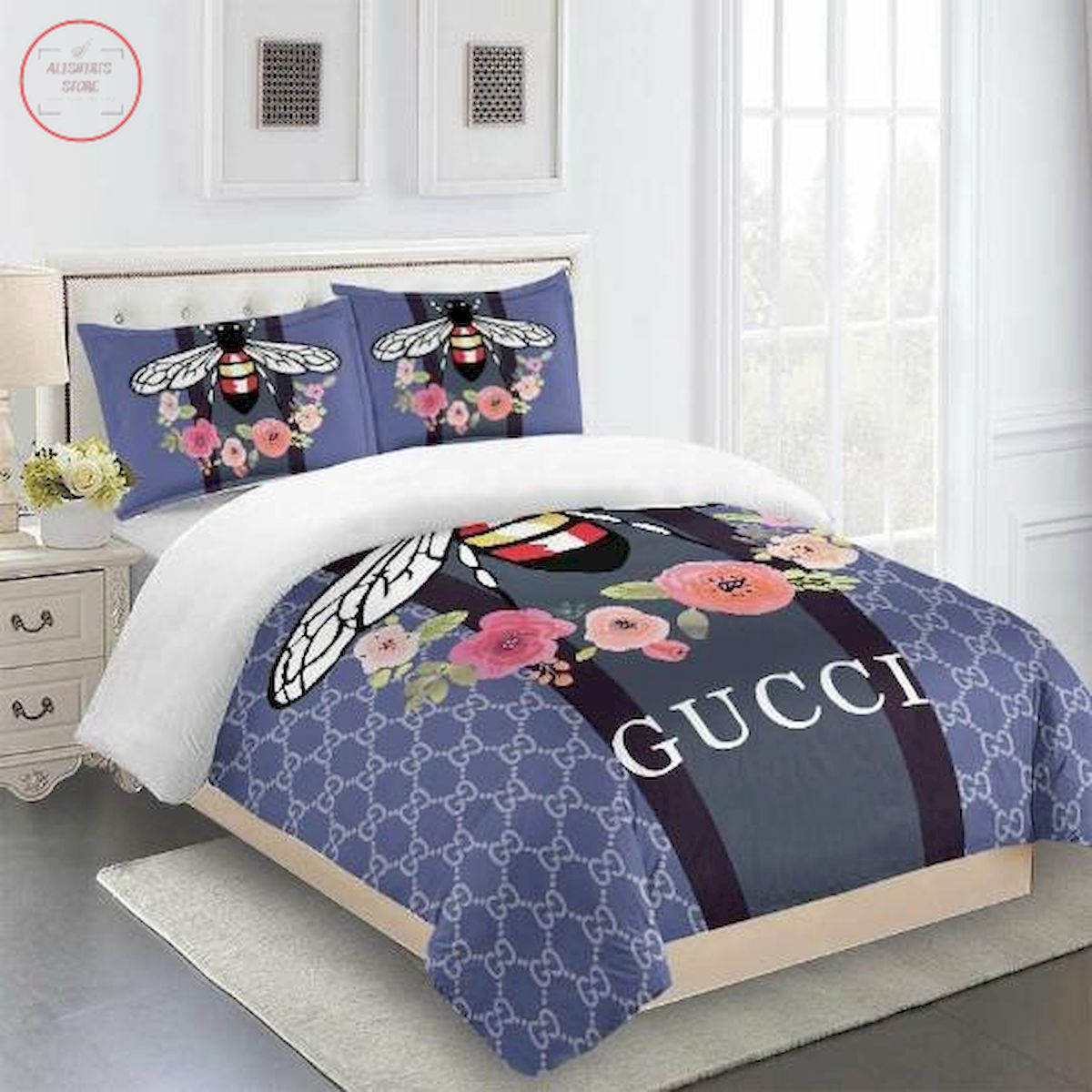 Gucci bedding set blue and flowers fly Luxury bed sheets