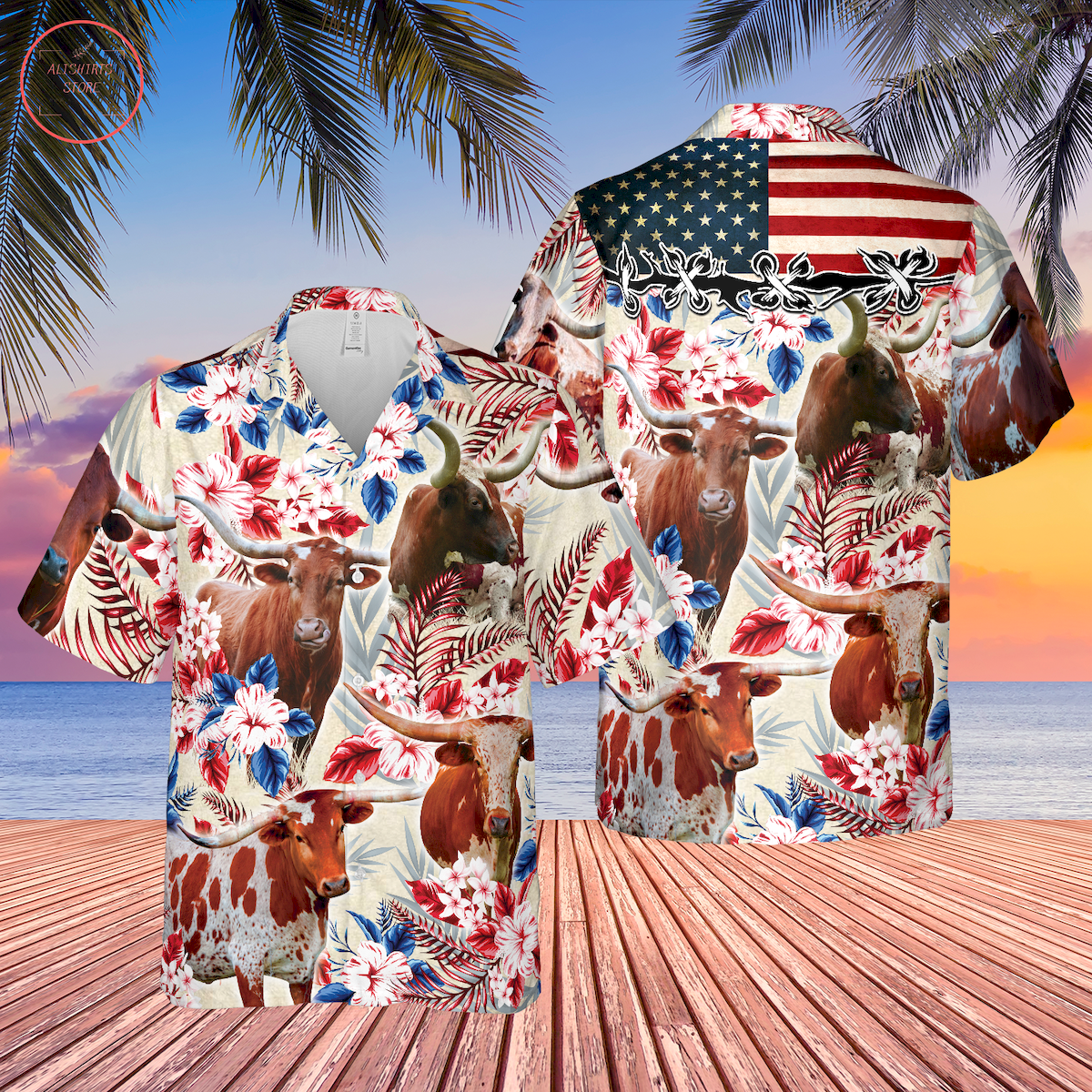 Longhorn Cattle American Flag Hawaiian Shirt