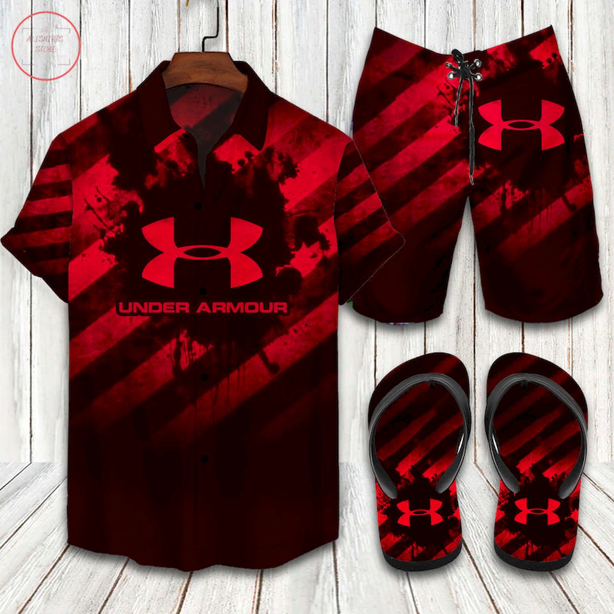 Under Armour Black and Red Hawaiian Shirt and Shorts