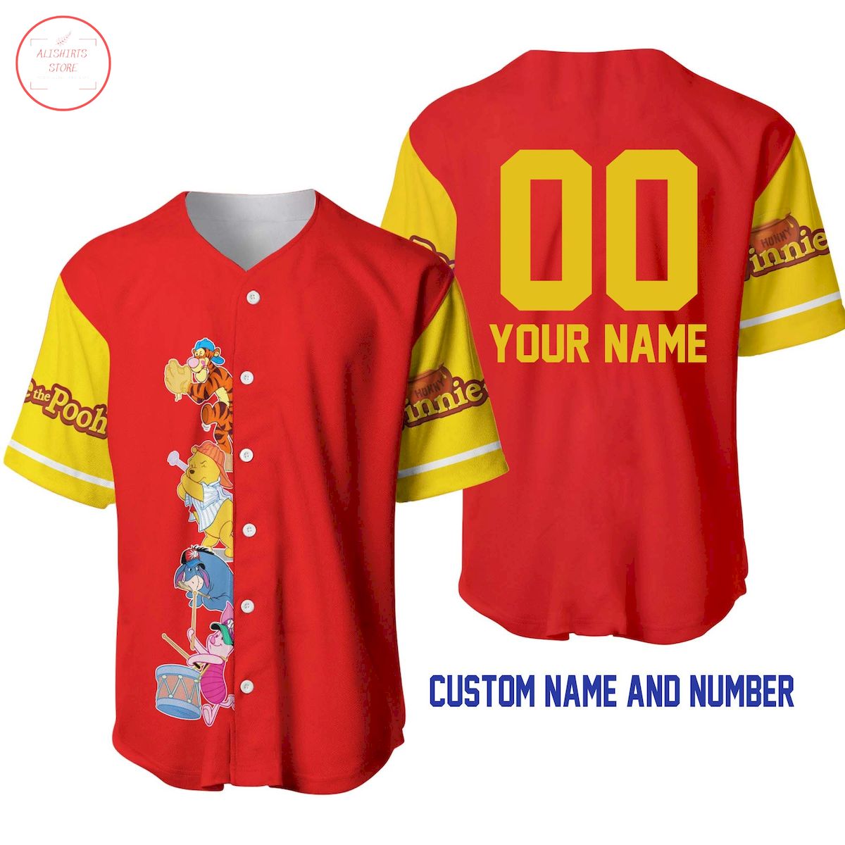 Winnie Pooh Bright Red Yellow Disney Custom Baseball Jersey