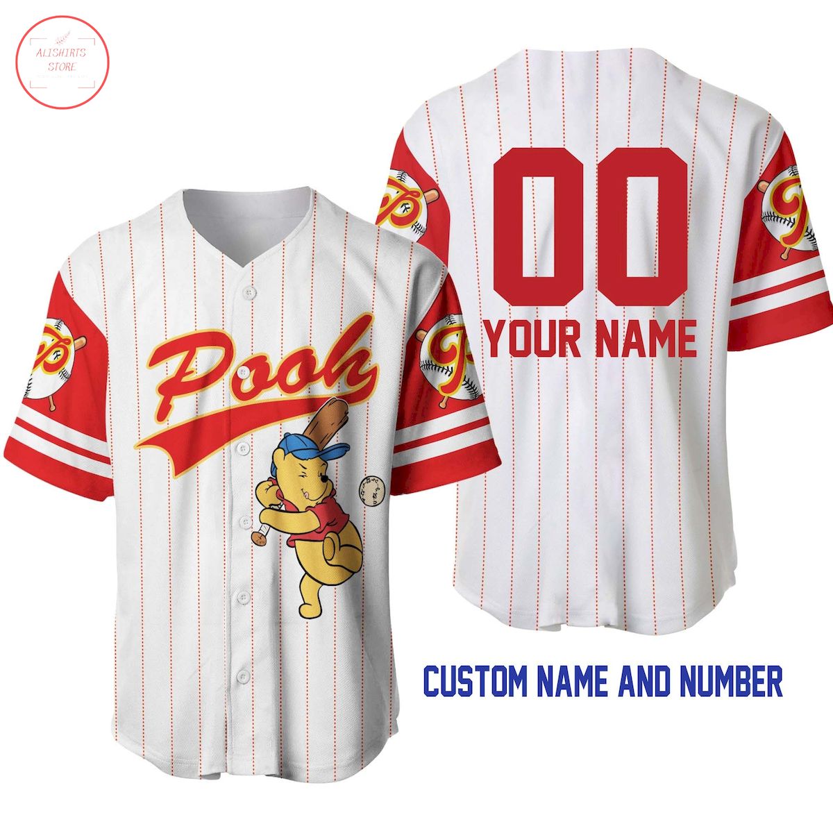 Winnie Pooh White Red Disney Custom Baseball Jersey