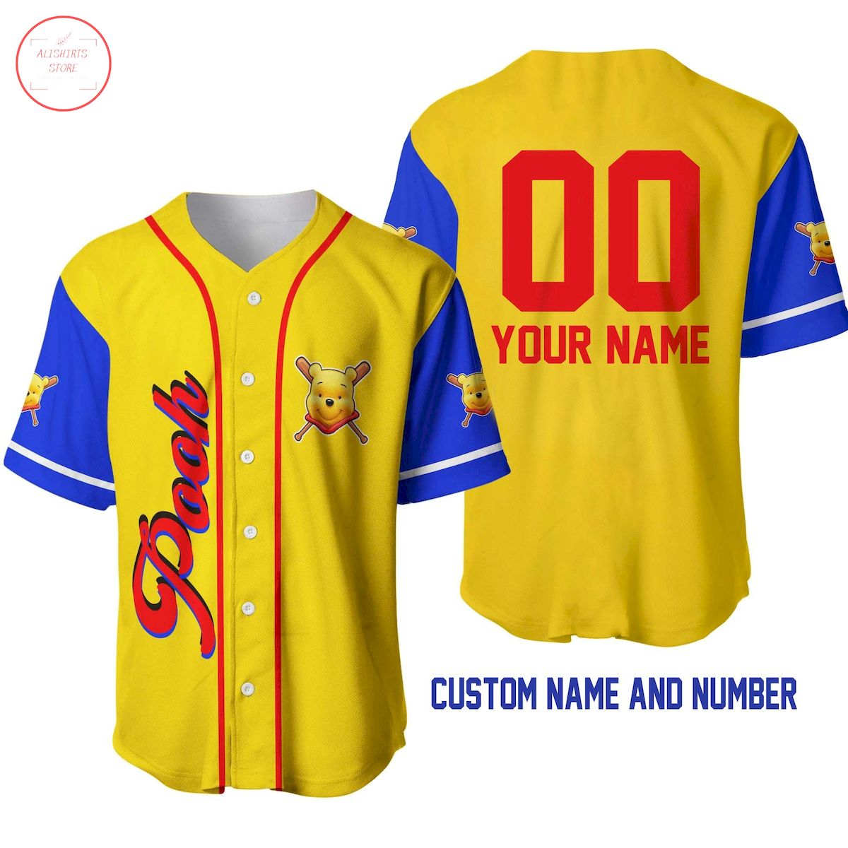 Winnie Pooh Yellow Red Blue Disney Custom Baseball Jersey