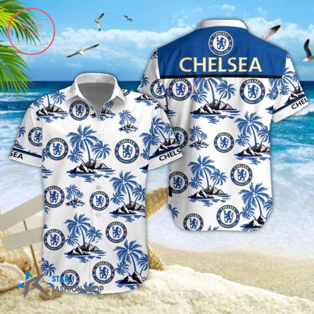 Chelsea FC White Blue Hawaiian Shirt and Shorts