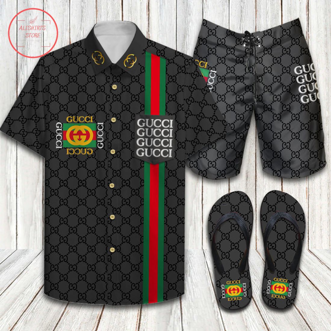 Gucci Italy Hawaiian Shirt, Shorts and Flip Flops