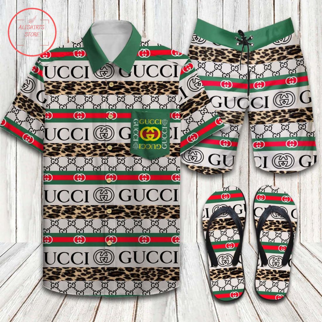 Gucci Logo 2022 Hawaiian Shirt, Shorts and Flip Flops