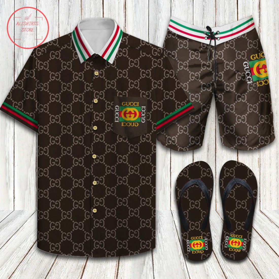Gucci Luxury Brand Hawaiian Shirt, Shorts and Flip Flops