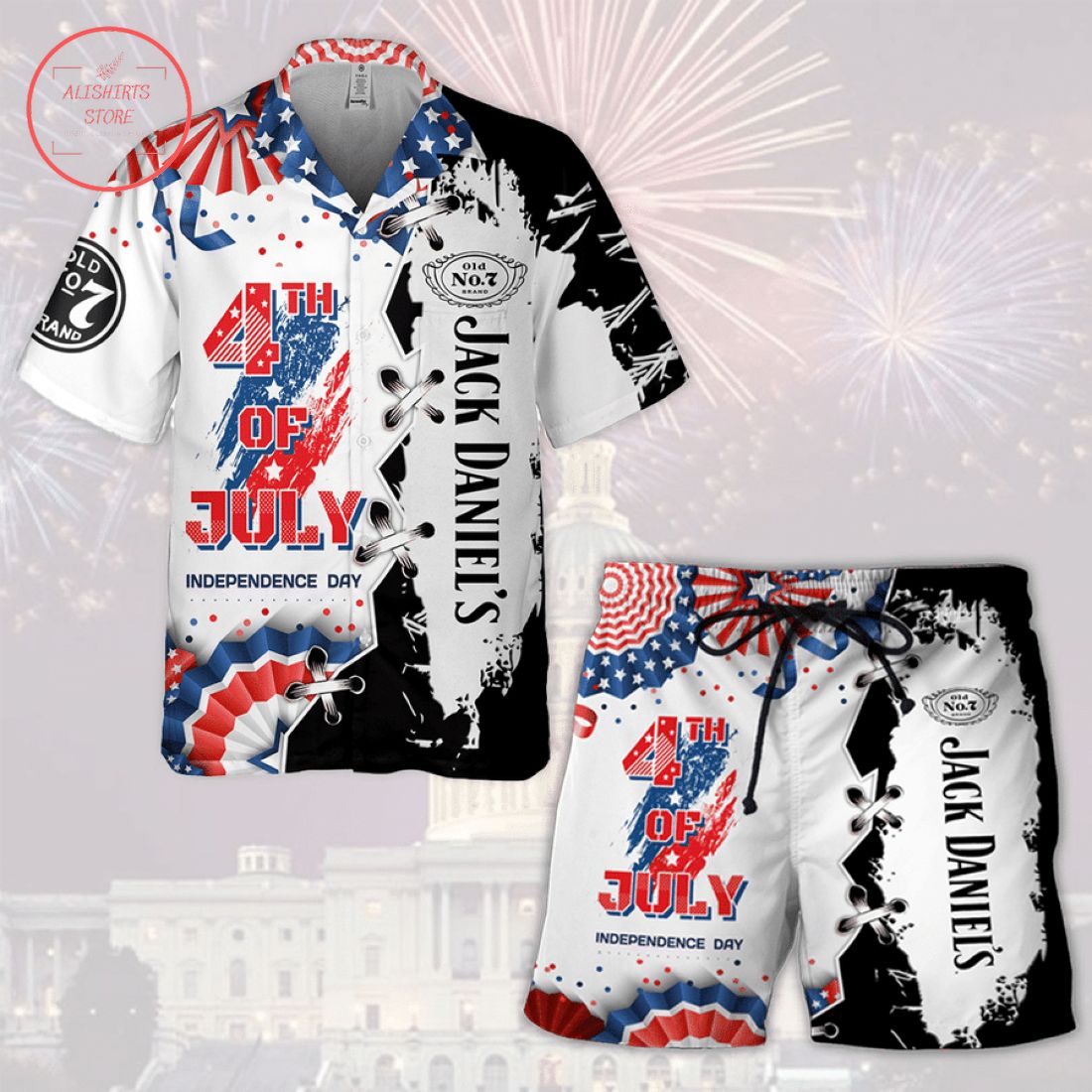Jack Daniel's 4th of July Hawaiian Shirt and Beach Shorts
