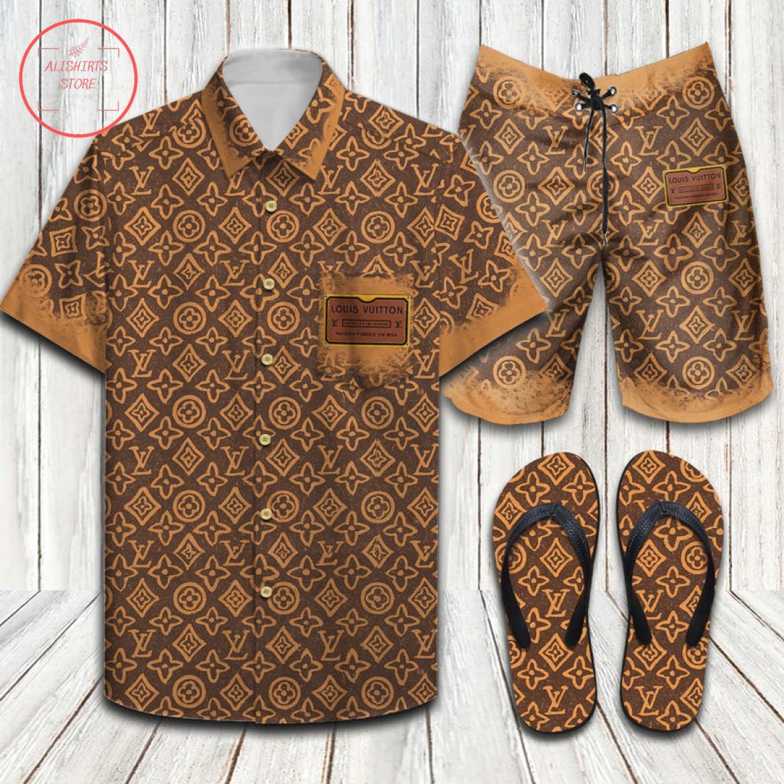 Louis Vuitton Brown Hawaiian Shirt, Shorts and Flip Flops