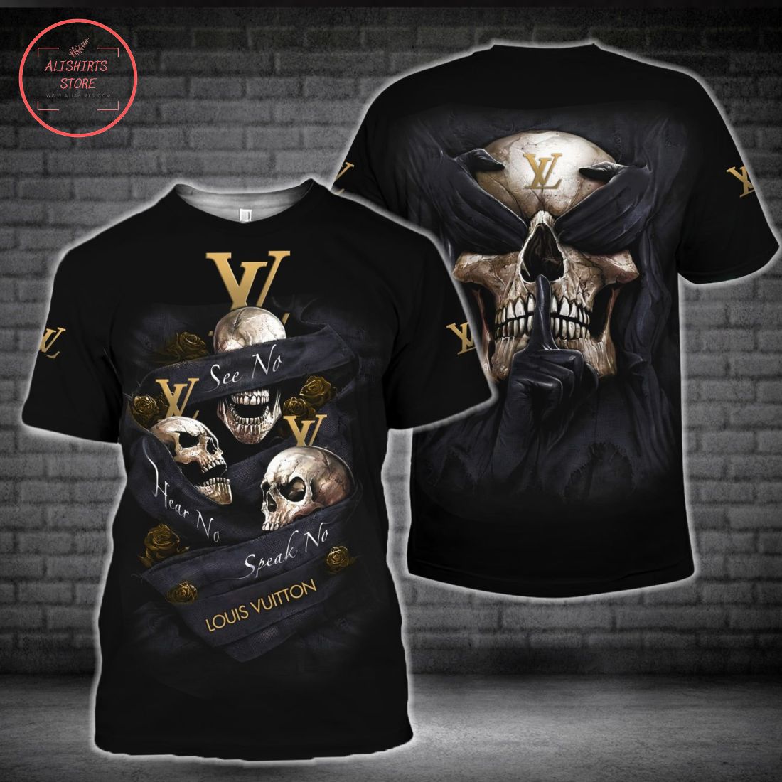 Louis Vuitton Skull Luxury Brand Black Shirt