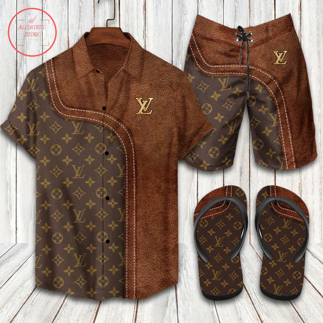 Louis Vuitton brown 2022 Flip Flops and Combo Hawaii Shirt Shorts