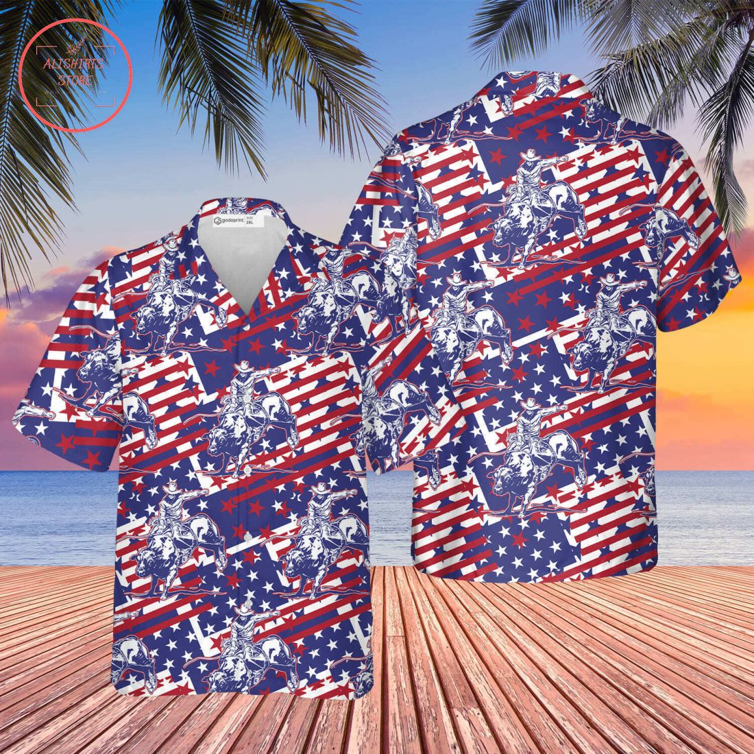 Rodeo Bull Rider Patriotic American Flag Hawaiian Shirt