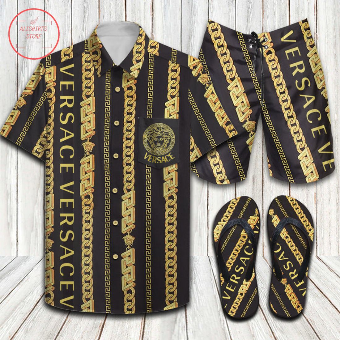 Versace Black Gold Flip Flops and Combo Hawaii Shirt Shorts