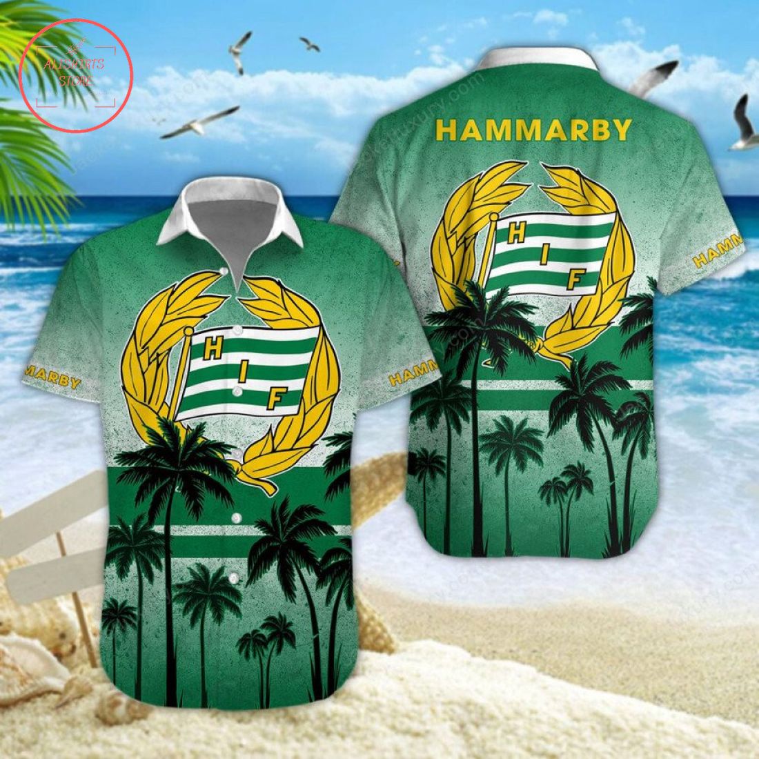 Hammarby Fotboll Palm Hawaiian Shirt Shorts and Flip Flops