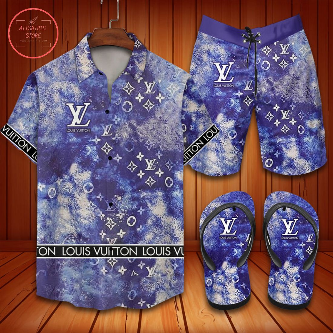 Louis Vuitton Combo Blue Hawaii Shirt Shorts and Flip Flops