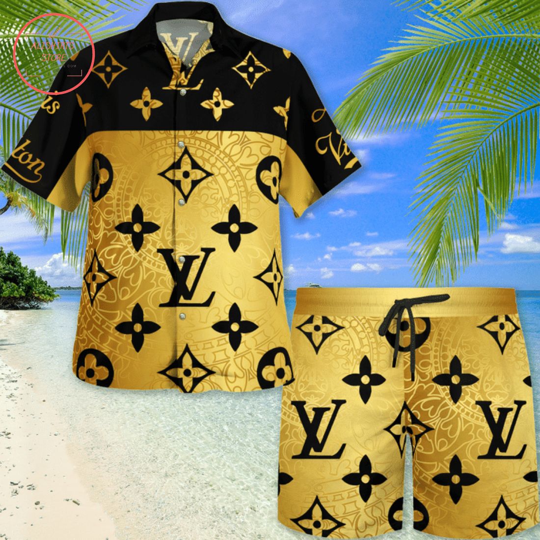 Louis Vuitton Gold Black Hawaiian Shirt and Shorts