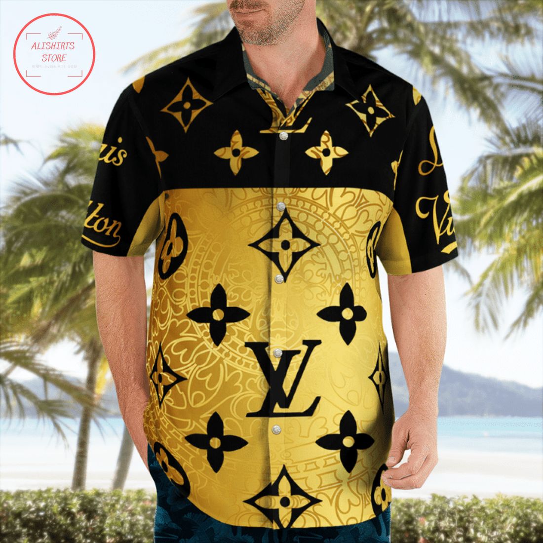 Louis Vuitton Gold Black Hawaiian Shirt and Shorts