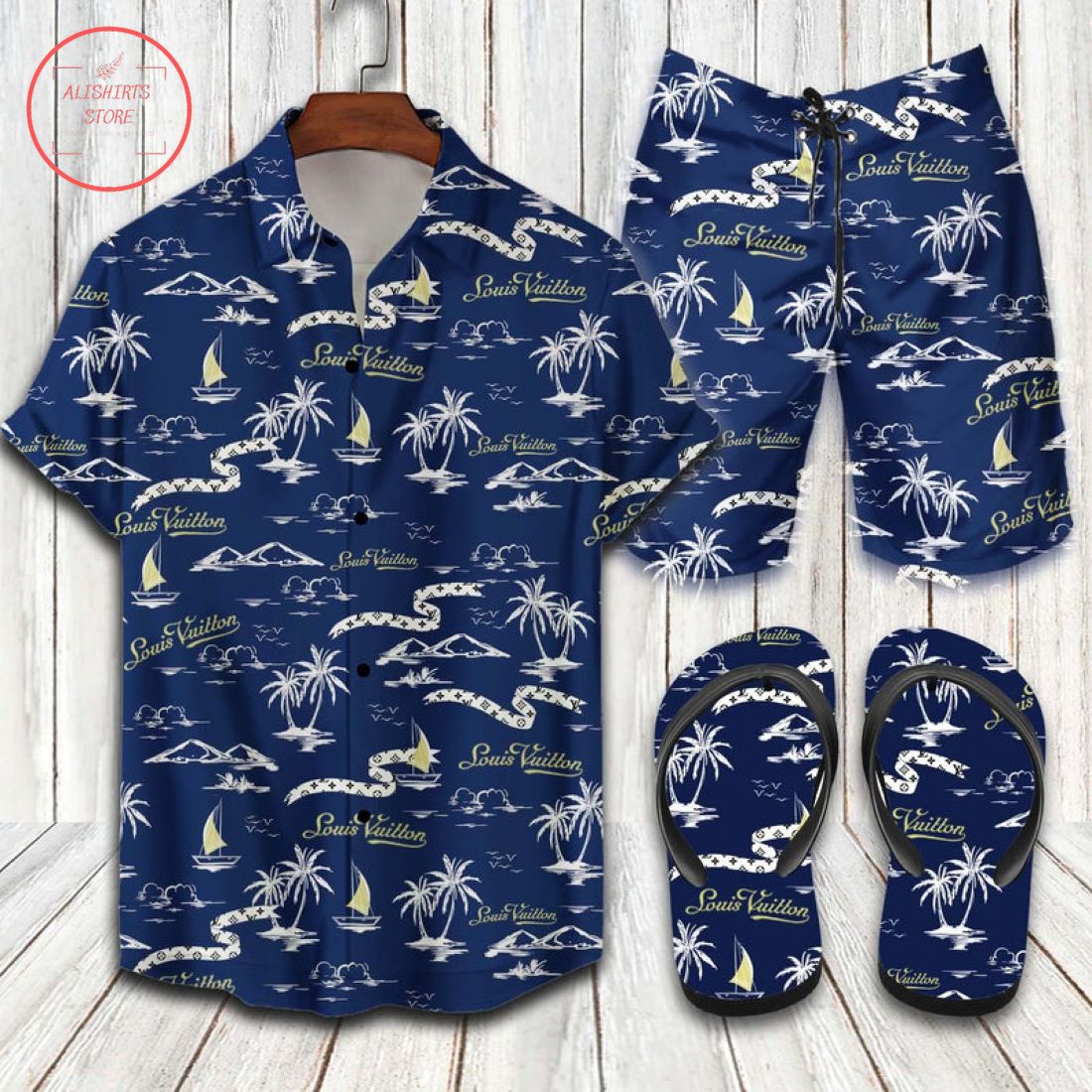 Louis Vuitton Palm Tree Combo Hawaii Shirt Shorts and Flip Flops