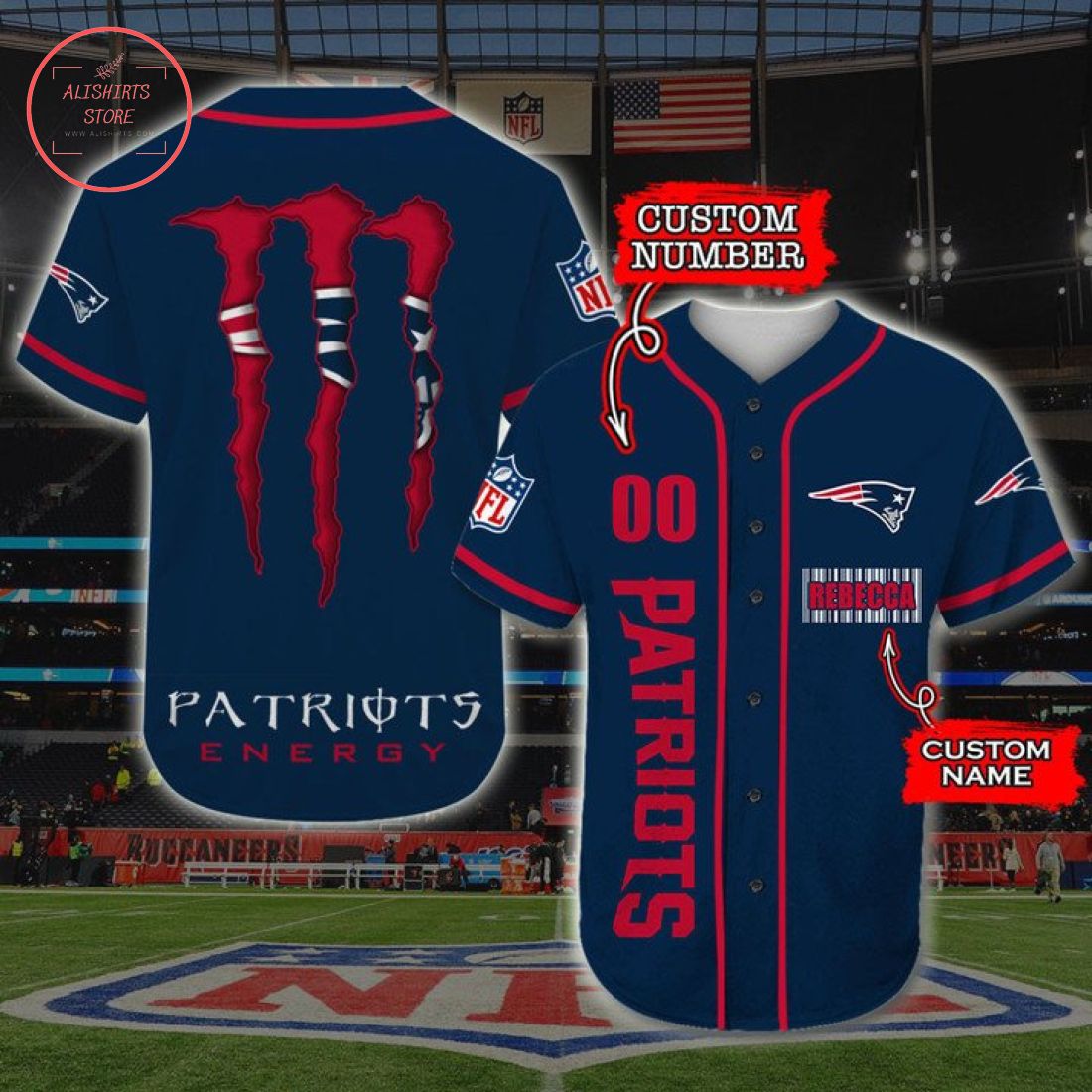 Personalized New England Patriots Monster Energy Baseball Jersey