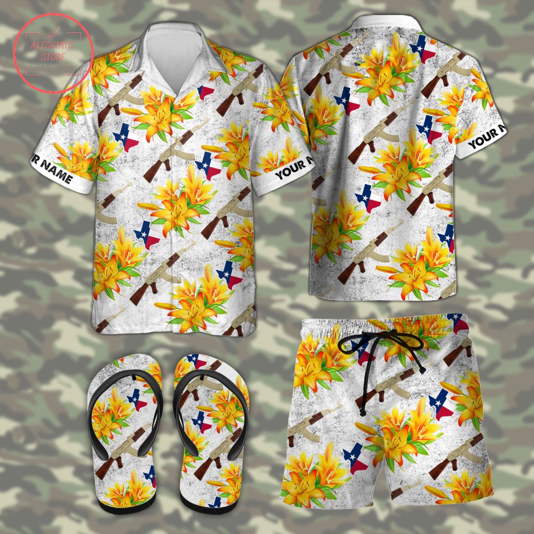 AK-47 Texas tactical Hawaiian Combo Shirt Shorts and Flip Flops