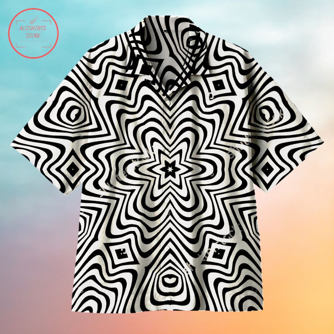 Black and White Hexagonal Ripples Universal Hawaiian Shirt