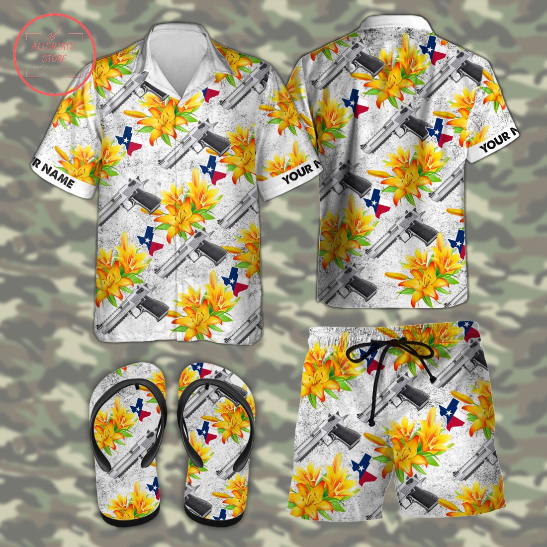 Desert Eagle Texas tactical Hawaiian Combo Shirt Shorts and Flip Flops