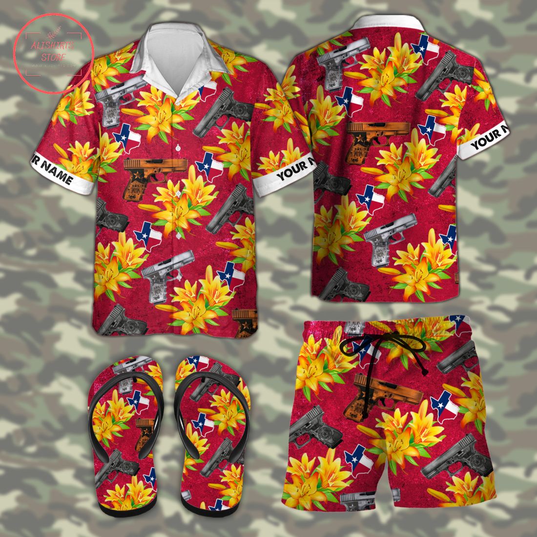 Glock 19 Texas Tactical Hawaiian Combo Shirt Shorts and Flip Flops