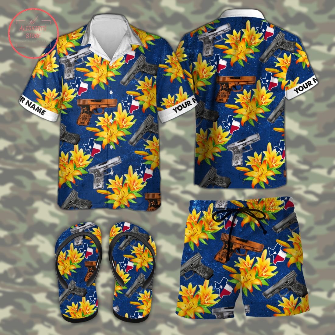 Glock 19 Texas Tactical Hawaiian Combo Shirt Shorts and Flip Flops