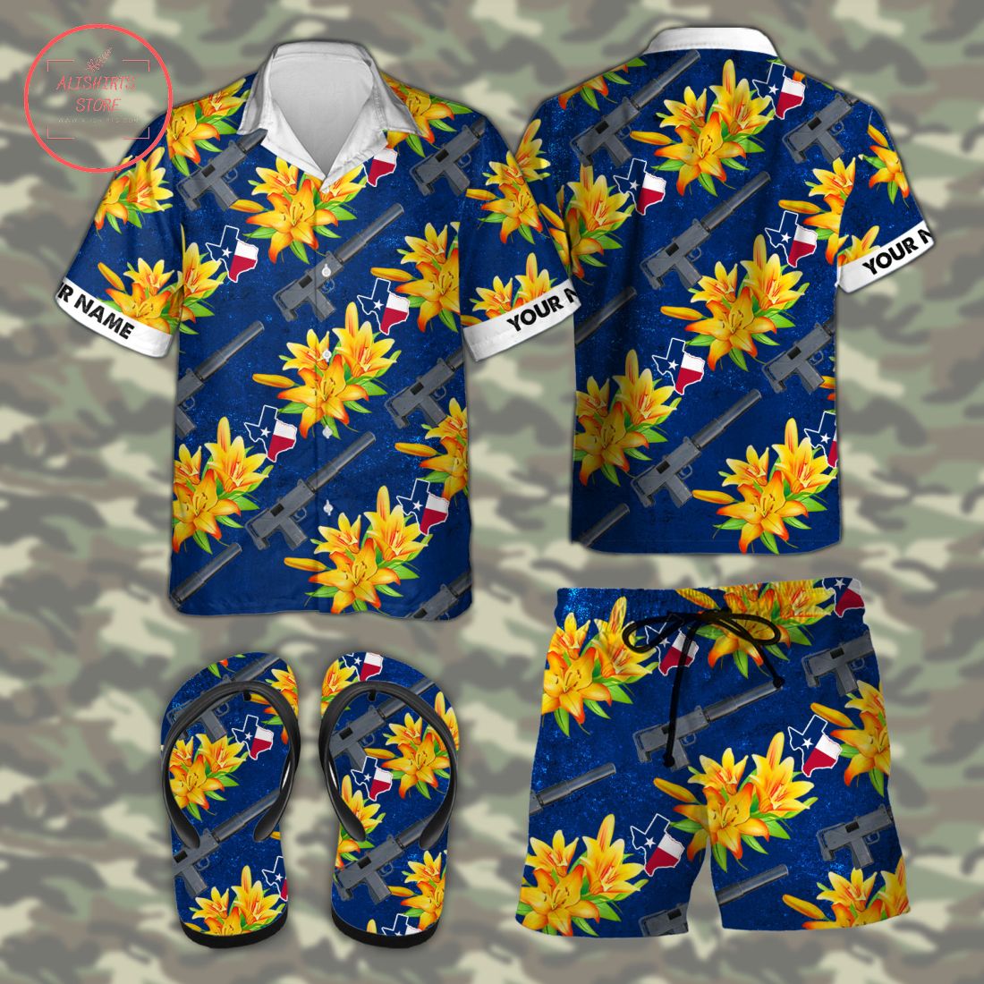 MAC10 Texas tactical Hawaiian Combo Shirt Shorts and Flip Flops