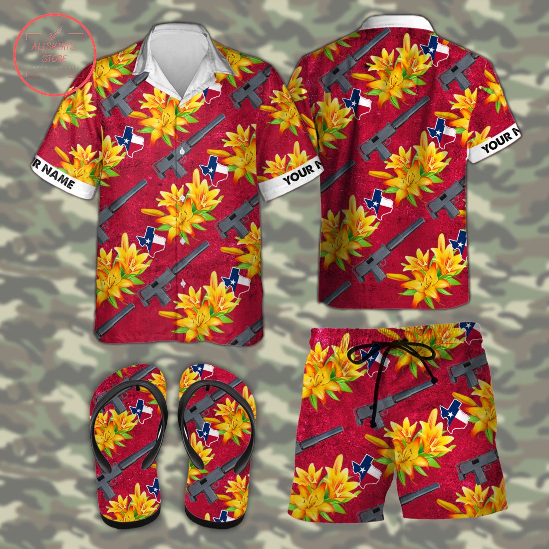 MAC10 Texas tactical Hawaiian Combo Shirt Shorts and Flip Flops