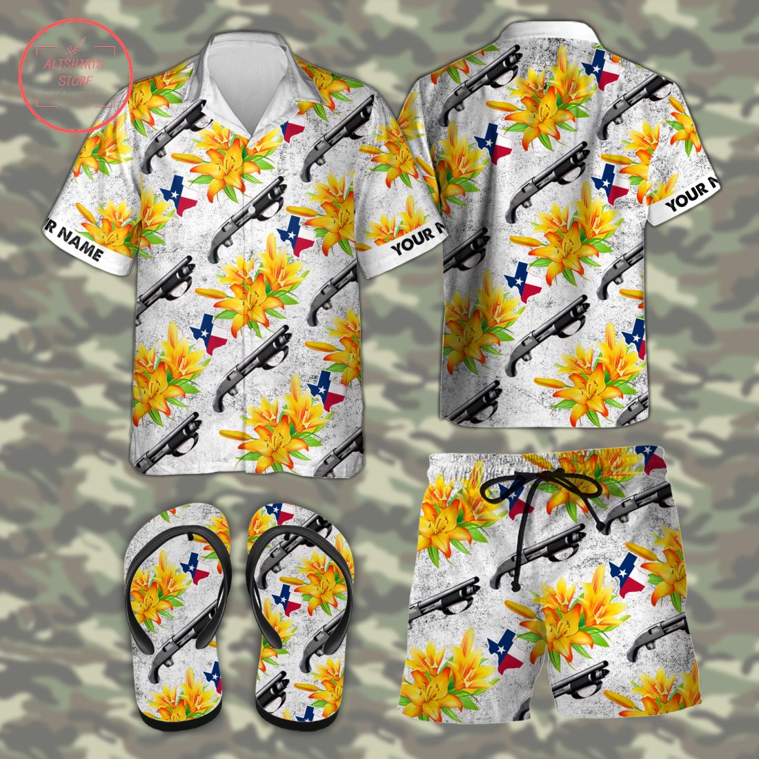 Mossberg 590 Texas tactical Hawaiian Combo Shirt Shorts and Flip Flops