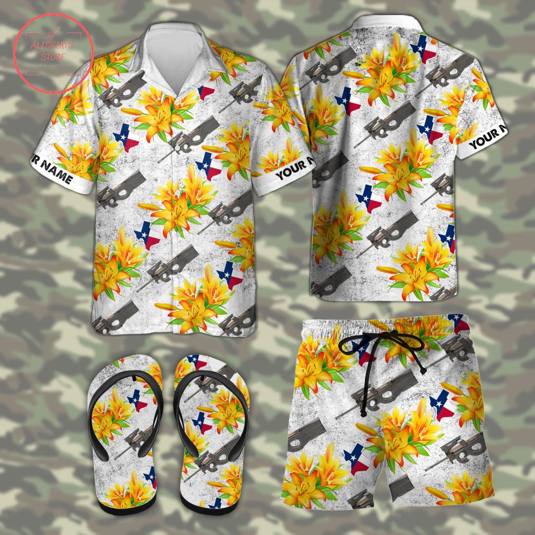 P90 Texas tactical Hawaiian Combo Shirt Shorts and Flip Flops