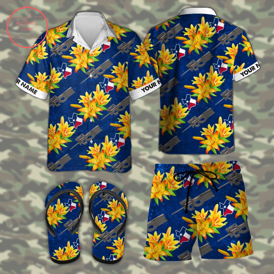 P90 Texas tactical Hawaiian Combo Shirt Shorts and Flip Flops