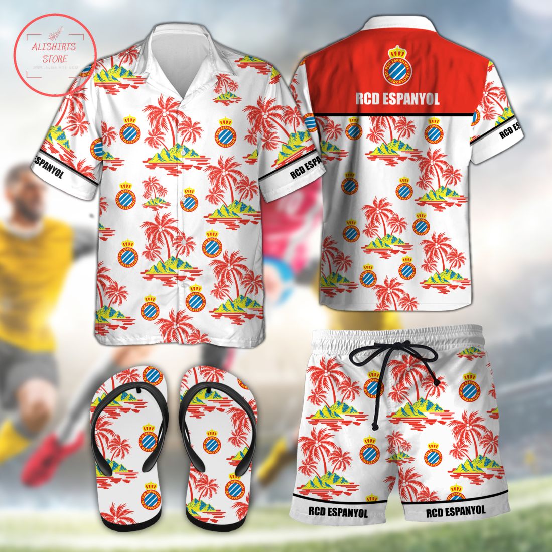 RCD Espanyol Hawaiian Shirt Shorts and Flip Flops