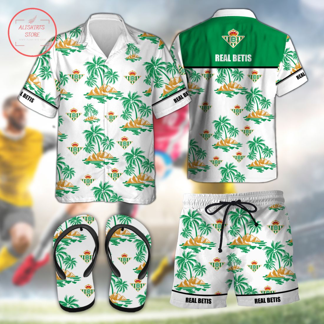 Real Betis Hawaiian Shirt Shorts and Flip Flops