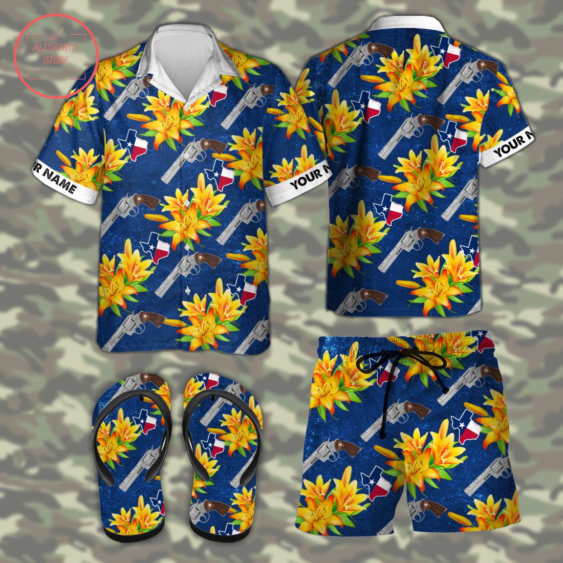 Revolvers Colt Python Texas Hawaiian Combo Shirt Shorts and Flip Flops