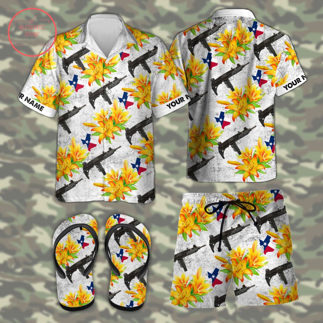 UZI Texas tactical Hawaiian Combo Shirt Shorts and Flip Flops
