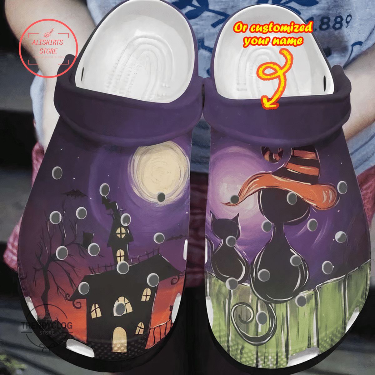 Personalized Halloween Black Cat Night Clog Shoes