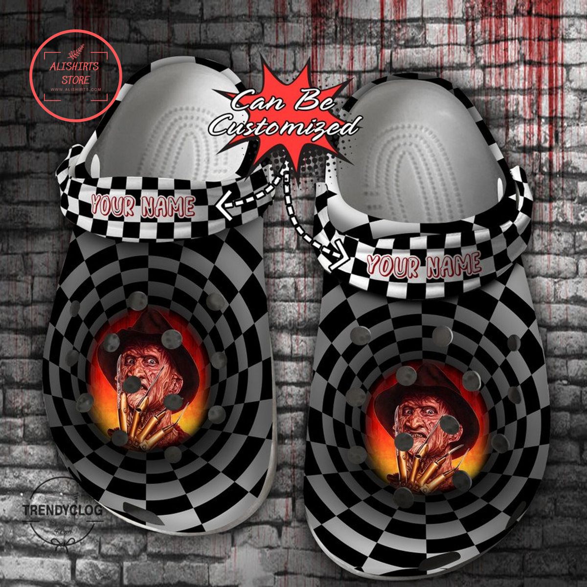 Personalized Halloween Scary Freddy Krueger Checkered Tunnel Clog Shoes
