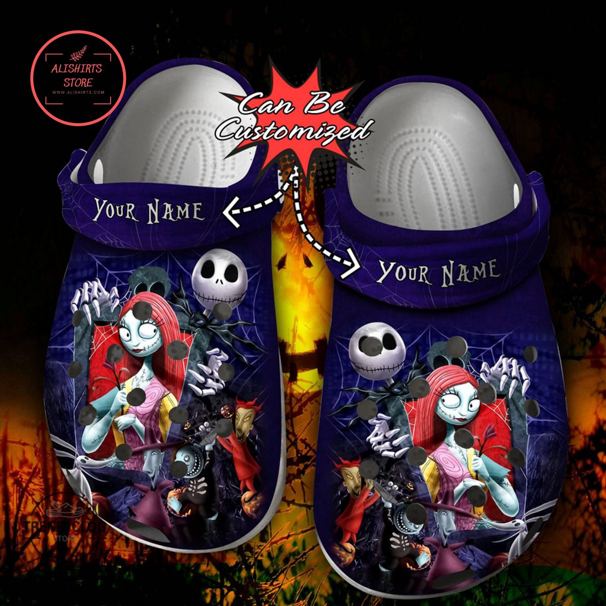 Personalized Jack & Sally in Love Nightmare Before Christmas Clog ShoesPersonalized Jack & Sally in Love Nightmare Before Christmas Clog Shoes