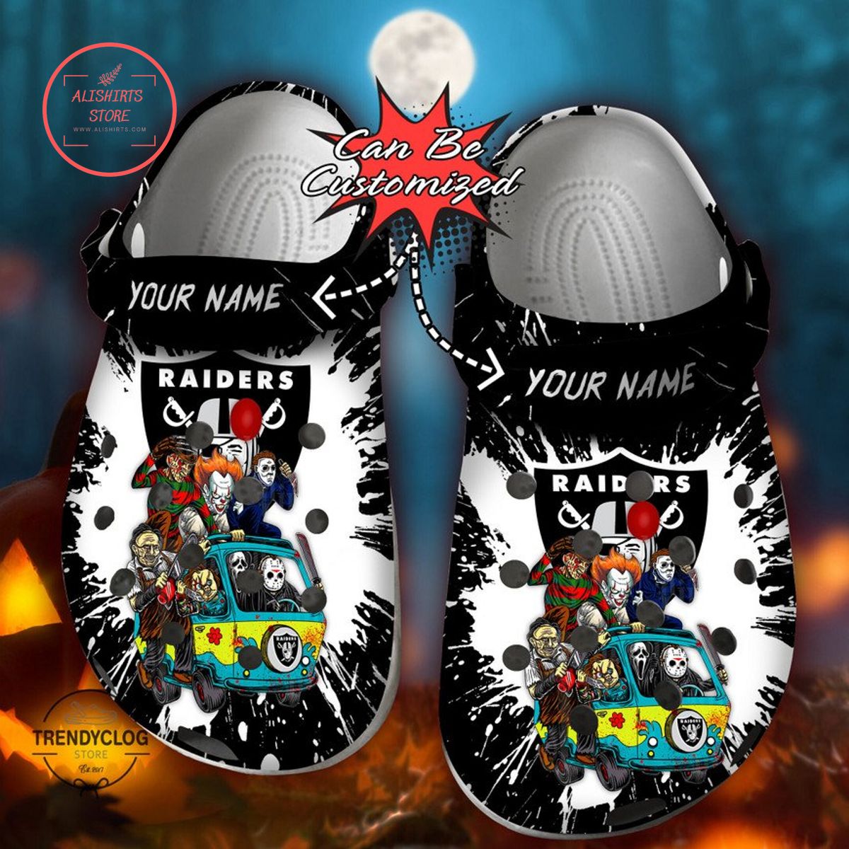 Personalized Las Vegas Raiders Horror Friends Van Clog Shoes