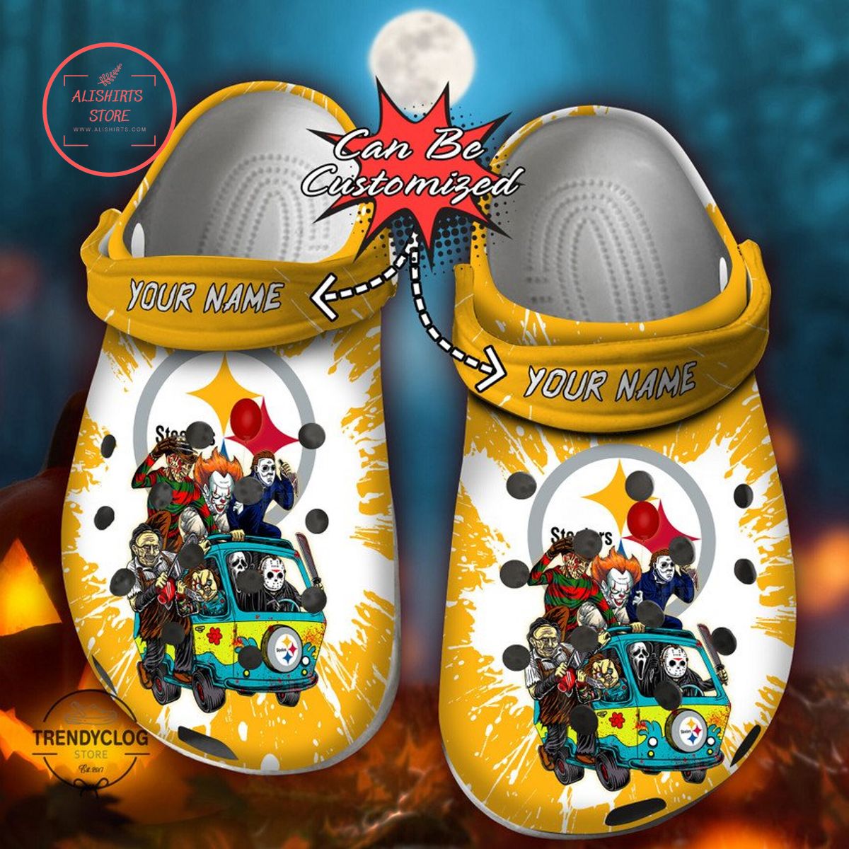 Personalized Pittsburgh Steelers Horror Friends Van Clog Shoes