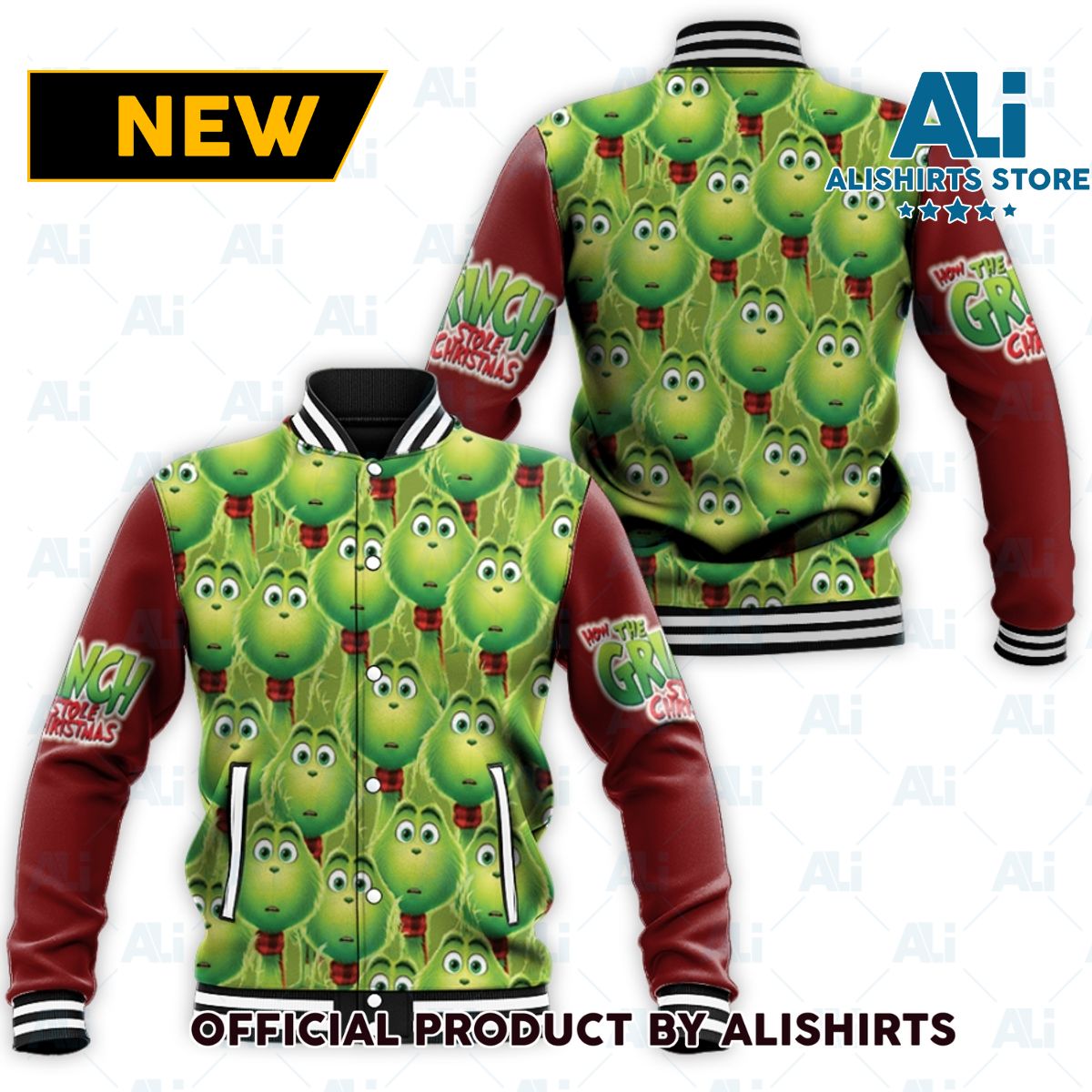 Grinch Chris as Lovely Baby Grinch Face Pattern varsity jacket