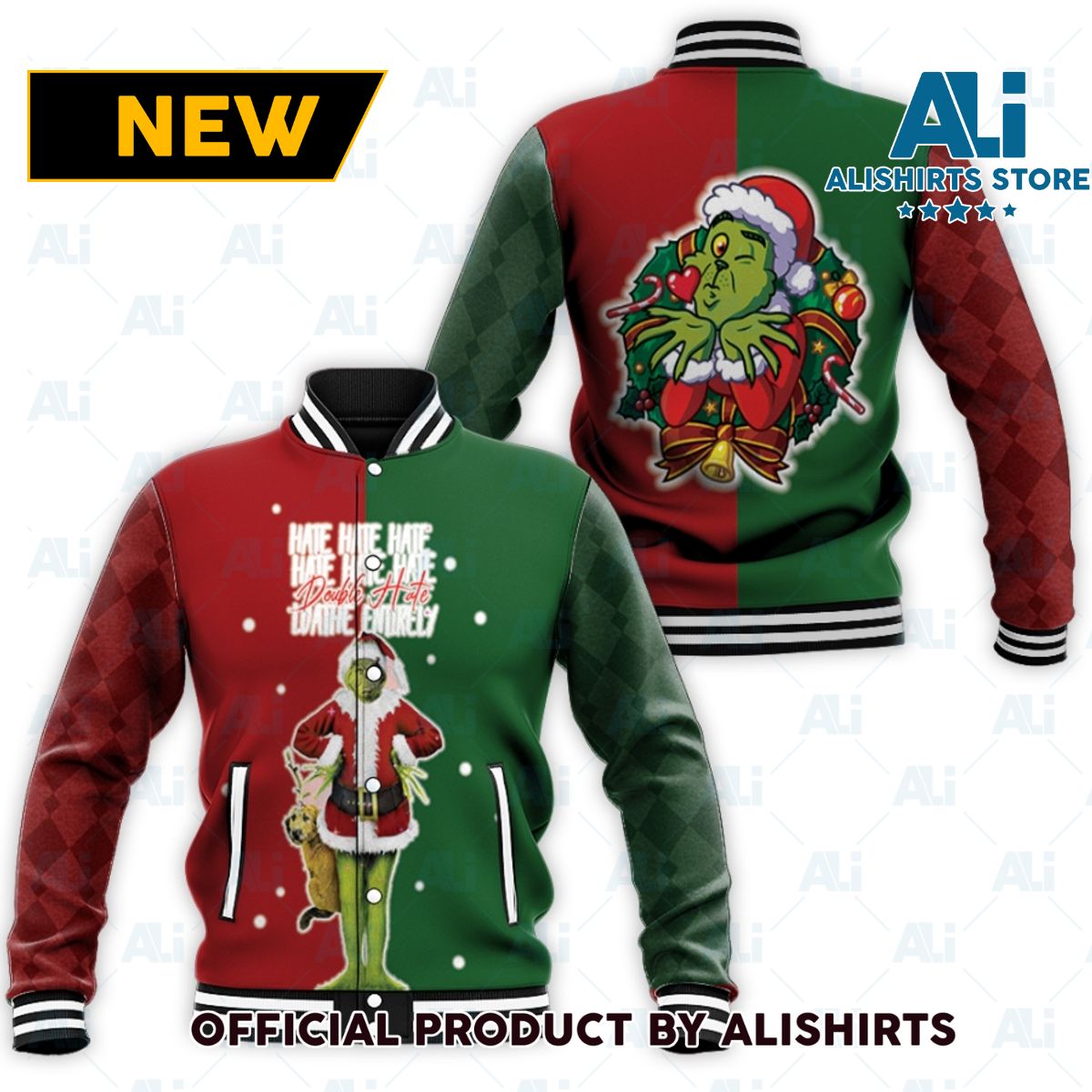 Grinch Christmas Double Hate Wreath Red Green varsity jacket