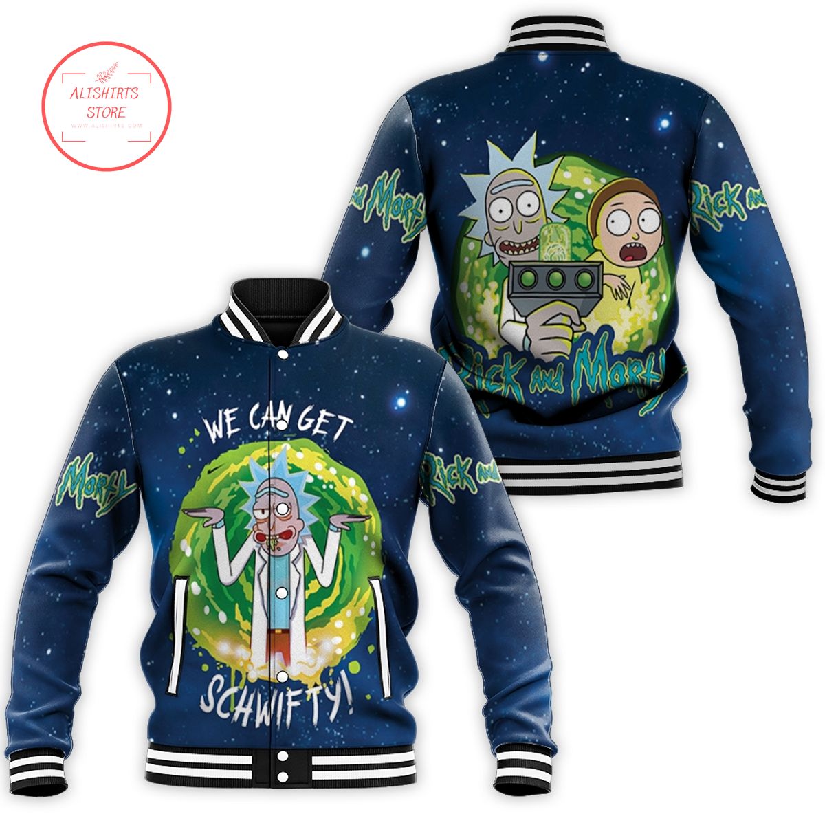 Rick And Morty We Cat Get Schwifty Dark Navy Rick And Morty varsity jacket