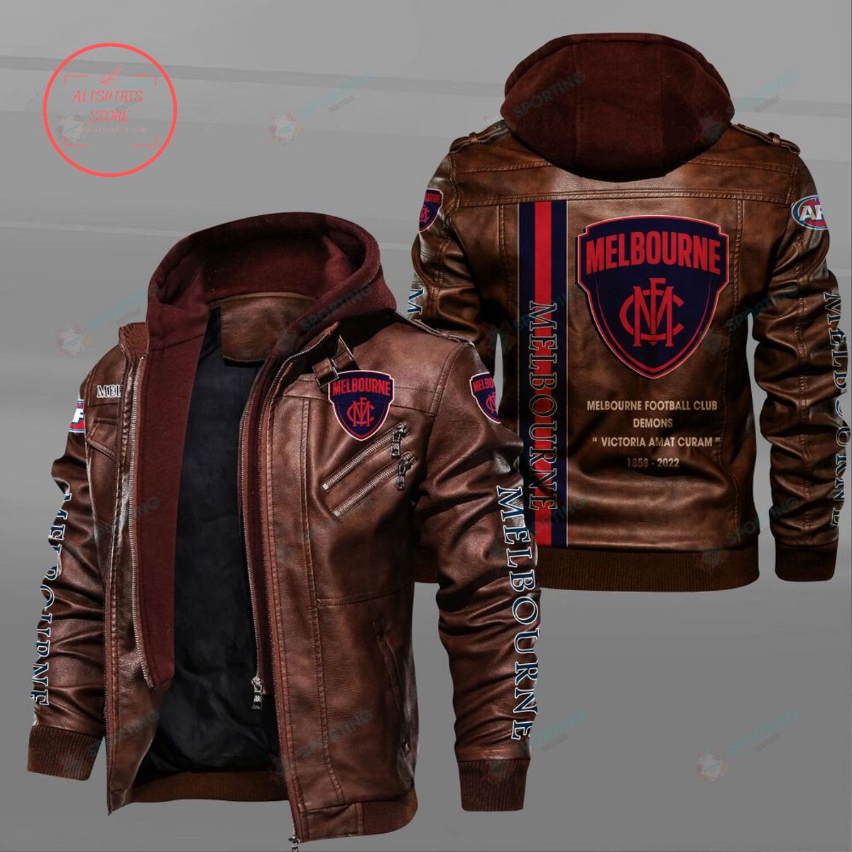 AFL Melbourne Football Club Motto Leather Jacket Hooded Fleece For Fan