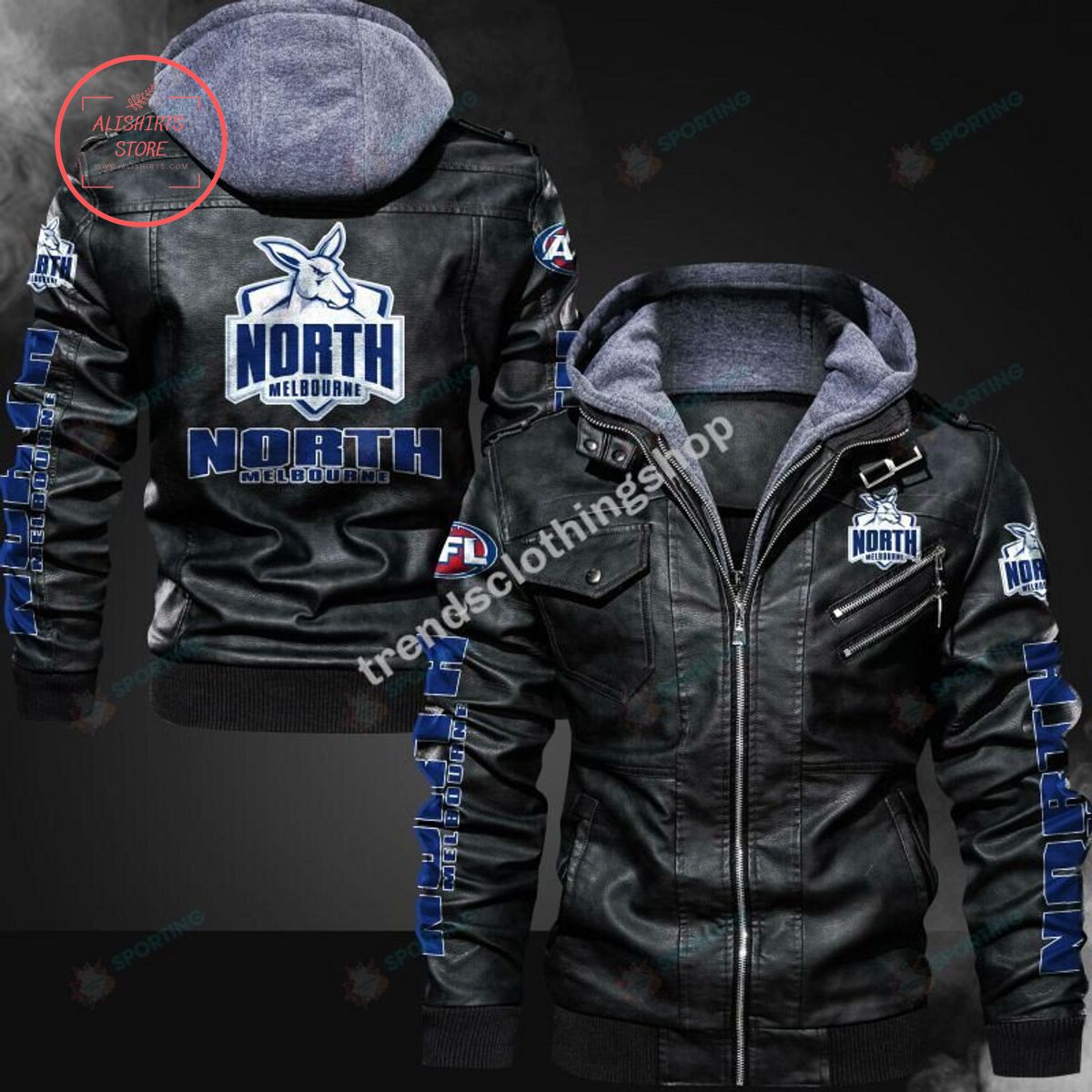 AFL North Melbourne Football Club Logo Leather Jacket Hooded Fleece For Fan