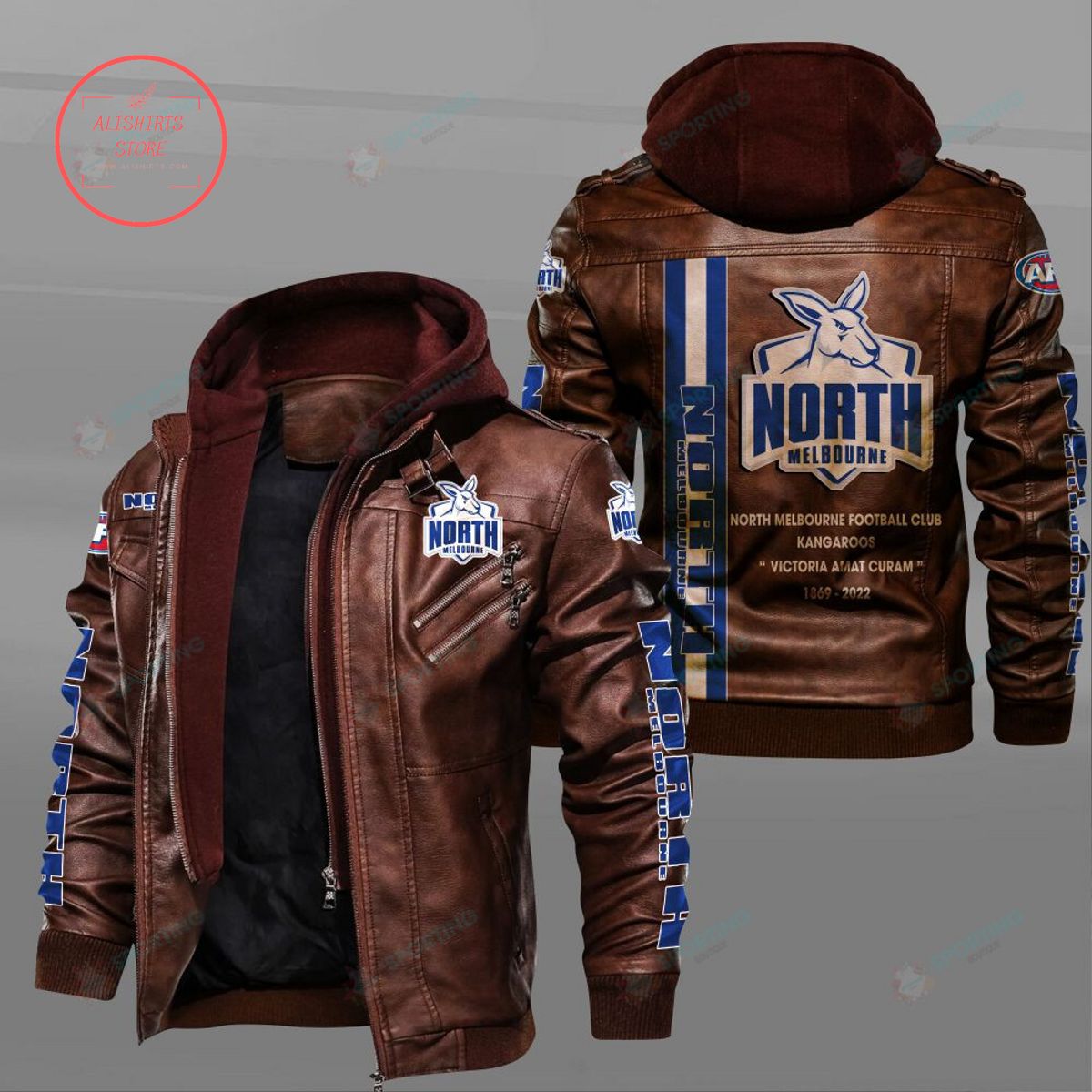 AFL North Melbourne Football Club Motto Leather Jacket Hooded Fleece For Fan