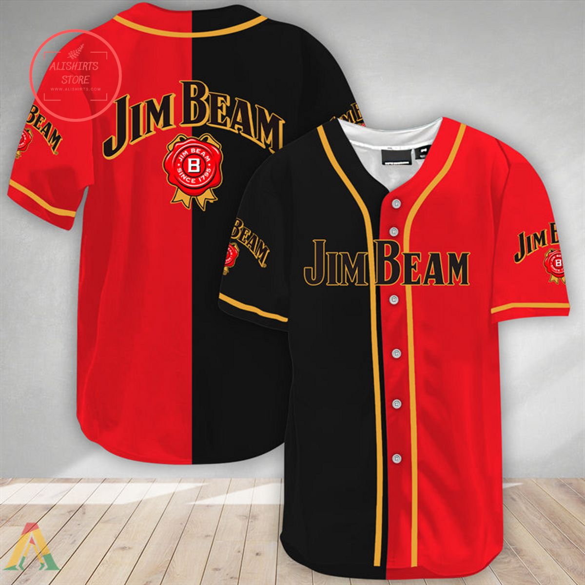 Black And Red Split Jim Beam Baseball Jersey